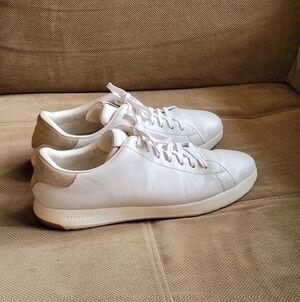 Cole Haan White Leather Sneakers with Tan Suede Heel Accent